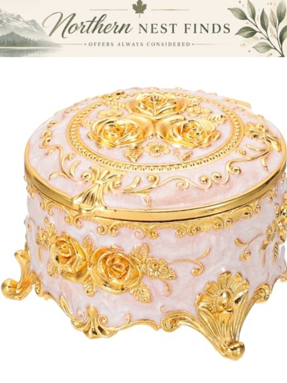 Vintage Metal Jewelry Box Round Trinket Organizer Storage for Rings Earrings